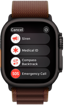 „Apple Watch Ultra 4“, titano korpusas, juodos spalvos, palydovinis ryšys, dešiniosios pusės išorinė dalis, „Digital Crown“, iškilęs šoninis mygtukas, „Alpine“ apyrankė, Burgundijos spalvos