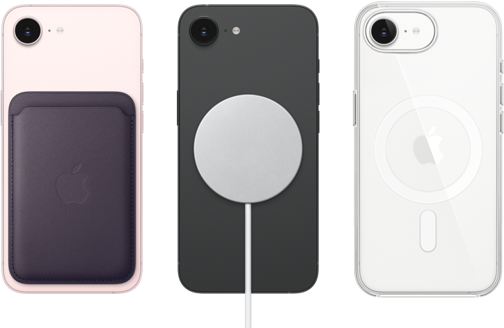 „iPhone 17e“, nugarėlė, švelnios rožinės spalvos, „FineWoven Wallet“ su prijungtu „MagSafe“, „iPhone 17e“, nnugarėlė, juodos spalvos, prijungtas „MagSafe“ įkroviklis, „iPhone 17e“, nugarėlė, baltos spalvos, skaidrus dėklas su prijungtu „MagSafe“