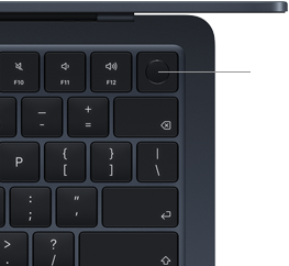 „MacBook Air“ klaviatūra, viršutinė dešinioji dalis, demonstruojama „Touch ID“ mygtuko vieta