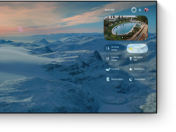 Home app Control Center on TV screen, mountain landscape wallpaper, live pool camera feed, scene buttons including Good Morning selected, Arriving Home, Movie Night, and Good Night