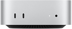 جهاز Mac mini، الجهة الأمامية، 2 من منافذ ثندربولت، ضوء مؤشر التشغيل ومقبس لسماعات الرأس، قاعدة سوداء مدببة في الأسفل، سطح مسطح، جوانب مدورة، حواف مستقيمة، لون فضي