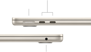 صورة للجانب الأيسر من جهاز MacBook Air وهو مغلق، تعرض منفذ MagSafe مع اثنين من منافذ ثندربولت، وللجانب الأيمن، تعرض مقبساً لسماعات الرأس