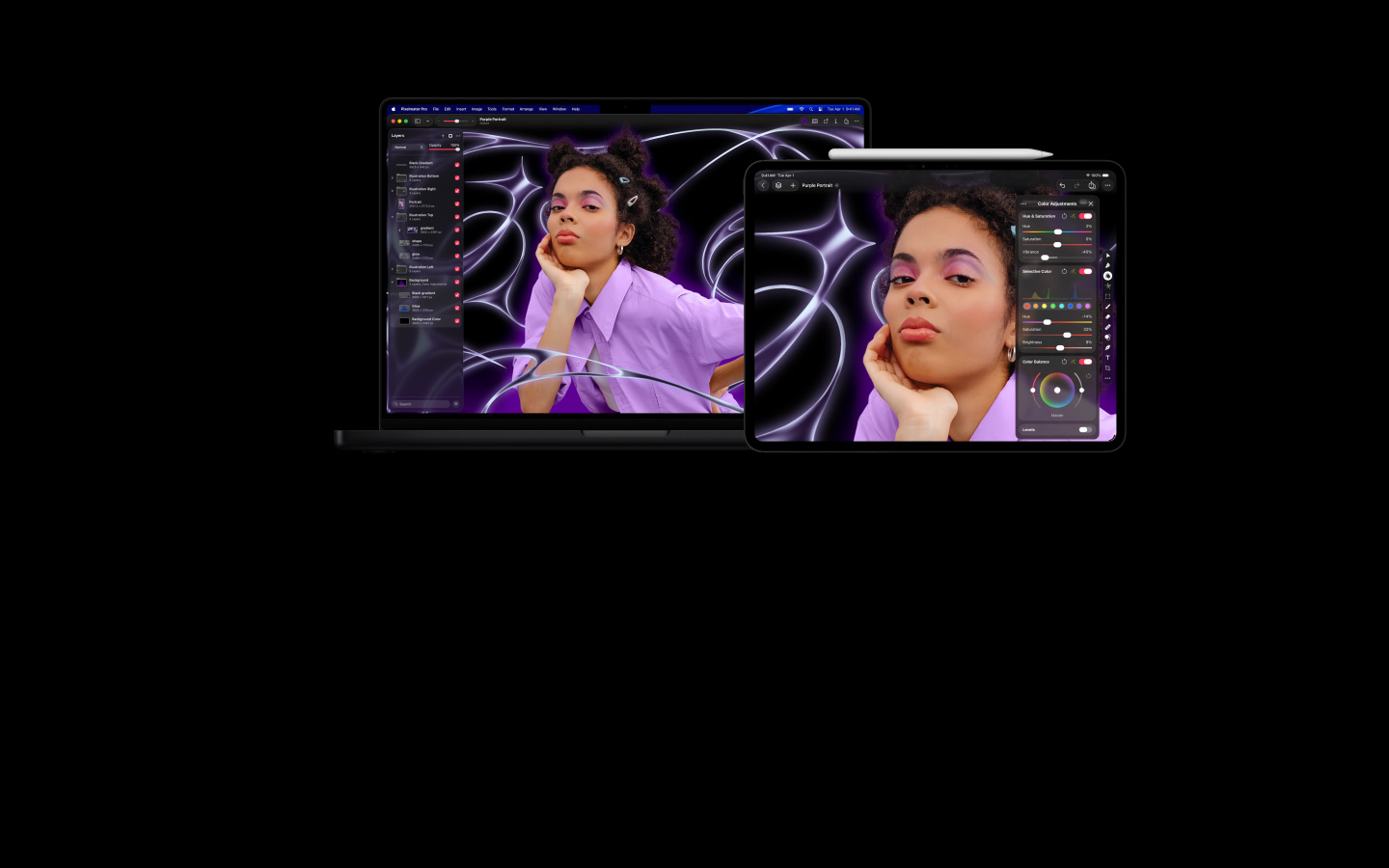 iPad and Mac devices, workspace with image of person with two hair clips and wearing a purple collared shirt, stylized background, Layers panel on the side of both screens