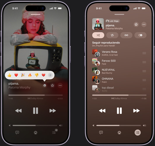 El iPhone a la izquierda muestra “pijama.” de Paloma Morphy reproduciéndose en la pantalla del iPhone con opciones para reaccionar con emojis que incluyen pulgar hacia arriba, corazón, celebración, pulgar hacia abajo y un botón para elegir otras reacciones. El iPhone a la derecha muestra una playlist colaborativa llamada “¡Playlist para Hawái!” con varias canciones agregadas por diferentes personas