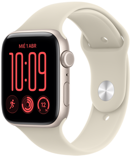 Apple Watch SE 3, caja de aluminio, color blanco estelar, parte lateral derecha, Digital Crown, micrófono, botón lateral, correa deportiva, color arena (café pálido), cierre de encastre color plata