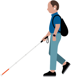 Person with low vision wearing AirPods and walking with service dog
