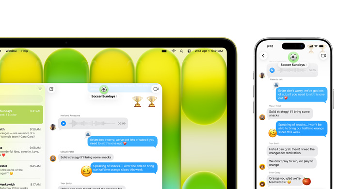 MacBook Neo z funkcją Klonowanie iPhone’a, na ekranie widać wątek wiadomości tekstowych.