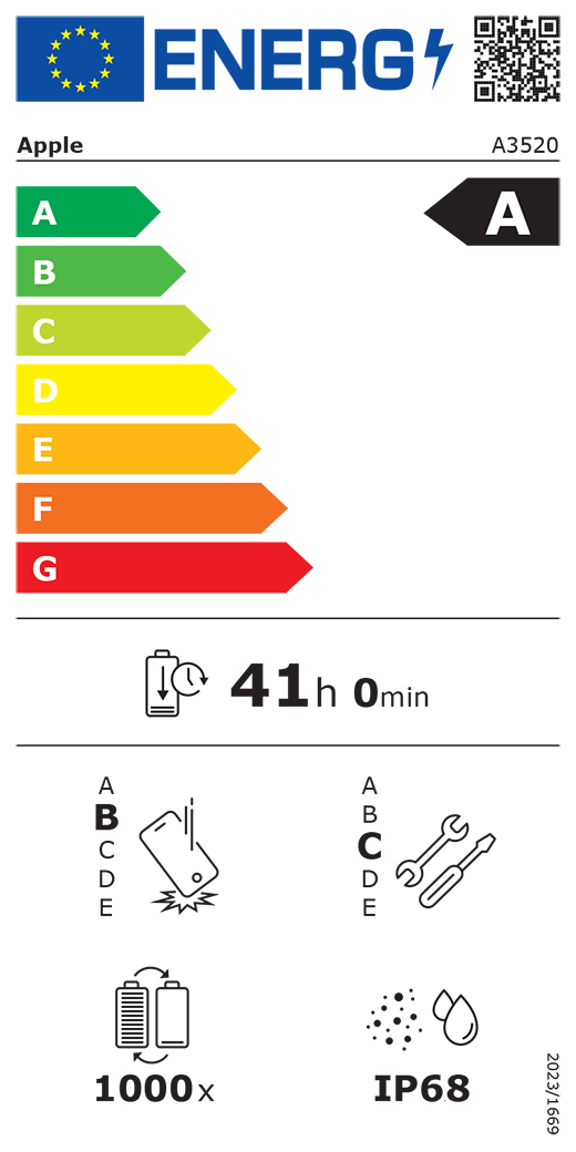 Cod QR și informații privind Eticheta energetică UE, model Apple A3520, clasa A, clase de eficiență energetică (pe o scară de la A la G), de la A (eficiență maximă) la G (eficiență minimă), anduranța bateriei per ciclu, 41 ore și 0 minute la o încărcare completă a bateriei, clasa B de fiabilitate la căderi repetate, de la A (robustețe maximă) la E (robustețe minimă), potențial de reparare clasa C, de la A (potențial de reparare maxim) la E (potențial de reparare minim), 1000 de cicluri de anduranță a bateriei, protecție împotriva pătrunderii prafului și a apei (IP) cu clasificare IP68, regulament 2023/1669