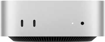 Mac mini, vedere frontală, două porturi Thunderbolt, indicator luminos de stare și mufă pentru căști, bază neagră conică în partea de jos, suprafață plată în partea de sus, laturi rotunjite, margini drepte, culoare Argintiu
