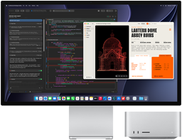 Studio Display XDR, pe ecran este afișat un document în proces în Claude Agent în XCode, Mac Studio, vedere frontală