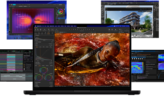 A variety of colorful screen content from music production, graphic design, 3D animation, and photo editing apps on Mac, demonstrating powerful graphics performance