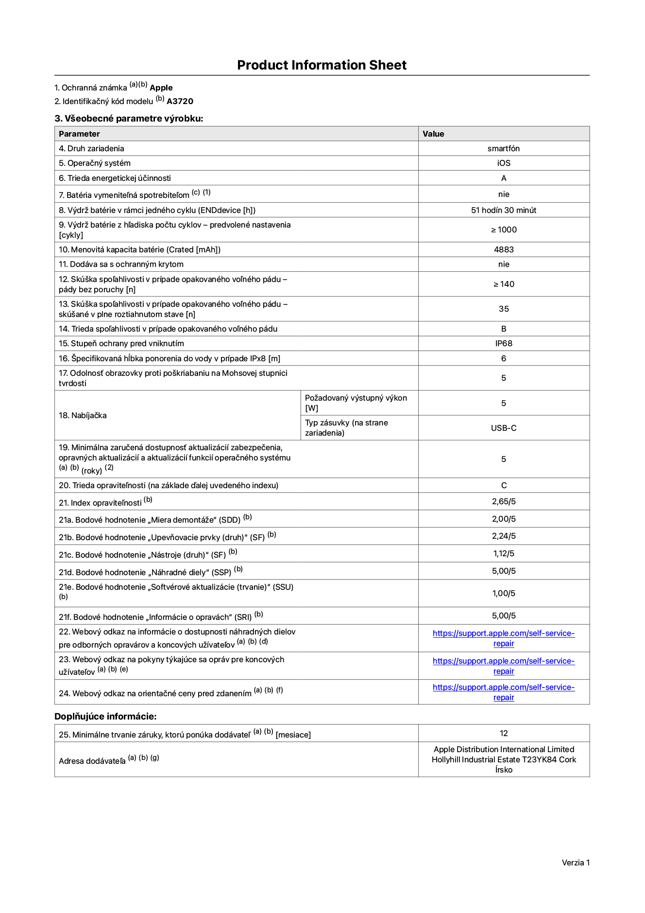 Informačný list produktu k iPhonu Duo, model A3720. Dodala spoločnosť Apple Distribution International Limited, Hollyhill Industrial Estate. Cork, Írsko, T23 YK84. Druh zariadenia: smartfón. Operačný systém: iOS. Trieda energetickej účinnosti: A. Batéria vymeniteľná spotrebiteľom: nie. Výdrž batérie v rámci jedného cyklu: 51 hodín a 30 minút. Výdrž batérie z hľadiska počtu cyklov – predvolené nastavenia: ≥ 1 000. Menovitá kapacita batérie: 4 883 mAh. Dodáva sa s ochranným krytom: nie. Skúška spoľahlivosti v prípade opakovaného voľného pádu – pády bez poruchy: ≥ 140. Skúška spoľahlivosti v prípade opakovaného voľného pádu – pády bez poruchy, skúšané v plne rozloženom stave: 35. Trieda spoľahlivosti v prípade opakovaného voľného pádu: B. Stupeň ochrany pred vniknutím: IP68. Špecifikovaná hĺbka ponorenia do vody v prípade IPx8: 6 metrov. Odolnosť obrazovky proti poškriabaniu na Mohsovej stupnici tvrdosti: 5. Požadovaný výstupný výkon nabíjačky: 5 W. Typ zásuvky nabíjačky (na strane zariadenia): USB-C. Minimálna zaručená dostupnosť aktualizácií zabezpečenia, opravných aktualizácií a aktualizácií funkcií operačného systému: 5 rokov. Trieda opraviteľnosti: C. Index opraviteľnosti: 2,65/5. Bodové hodnotenie „Miera demontáže