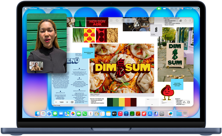 MacBook Neo, Indigo renk, devam eden görüntülü arama, menünün gösterildiği Freeform penceresi, yemek fotoğrafı ve bir dim sum restoranı için illüstrasyonlar