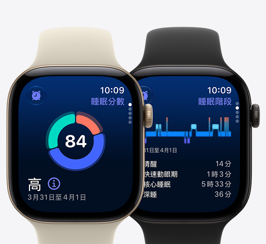 兩隻 Apple Watch Series 12 裝置，分別展示淺金色鋁金屬錶殼，搭配沙色 (淺小麥色系) 運動型錶帶，螢幕顯示睡眠分數；以及黑色鋁金屬錶殼，搭配黑色運動型錶帶，螢幕顯示睡眠階段