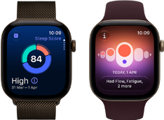 Два пристрої Apple Watch Series 12: алюмінієвий корпус темно-бронзового кольору, кругова діаграма оцінки сну, коронка Digital Crown, міланський сітчастий браслет темно-бронзового кольору, алюмінієвий корпус світло-золотистого кольору, додаток «Відстеження циклу», спортивний ремінець бордового кольору