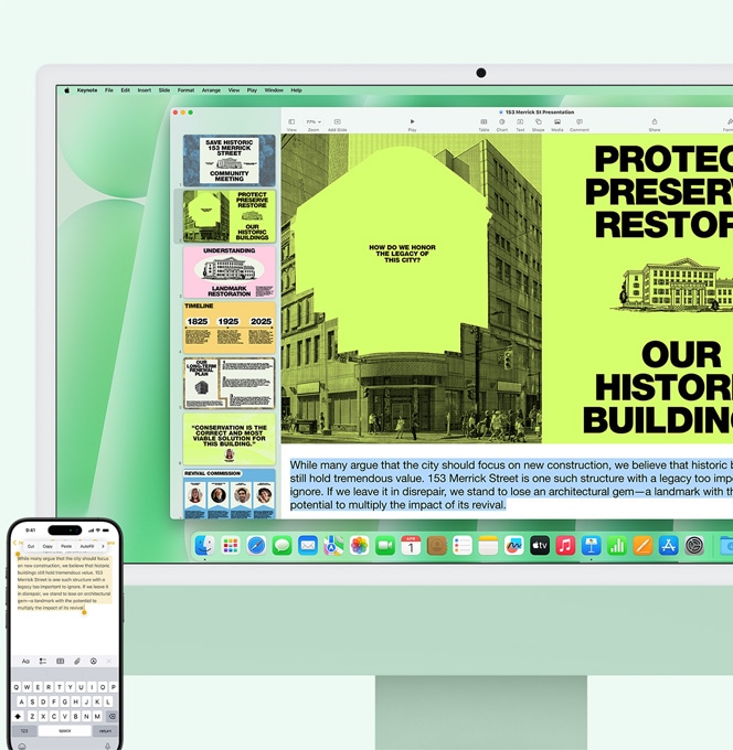 Зелений iMac та iPhone поруч. Текст з додатка «Нотатки» на iPhone копіюється та вставляється на iMac