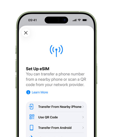 iPhone 17, front exterior, using the Set Up Mobile Data feature to easily transfer a phone number with eSIM