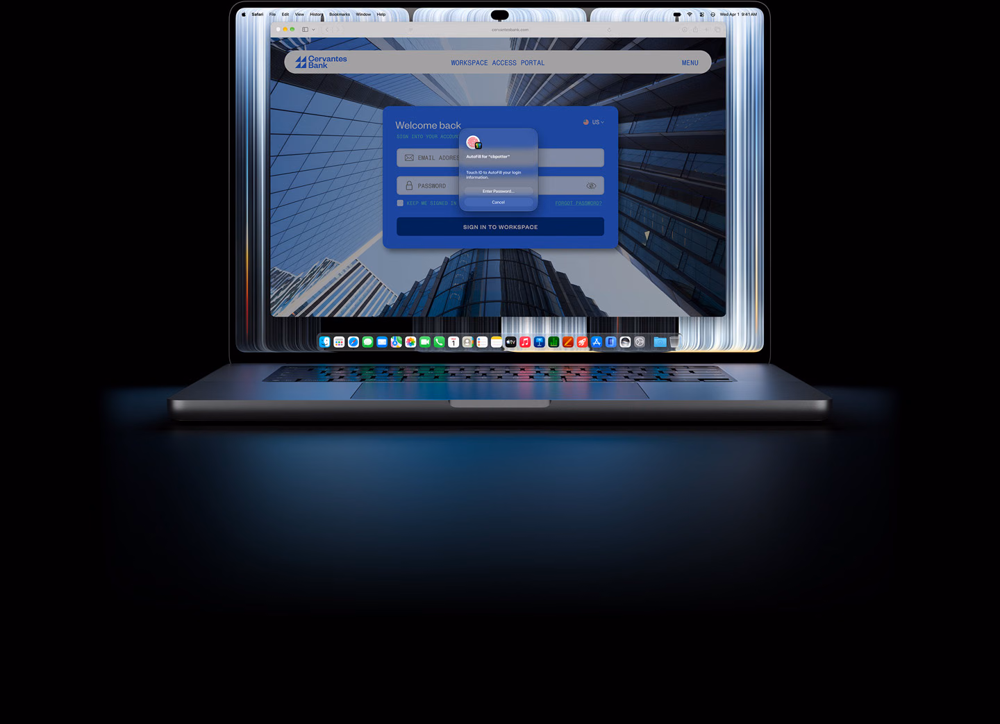 MacBook Pro with PROLED XDR Display, a small Safari window prompts a user to use Touch ID or enter credentials to log in to a website