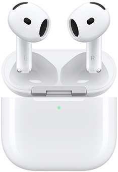 AirPods 5: λευκό χρώμα, οβάλ ακουστικά τύπου ψείρας, κοντά στέλεχη, θήκη ασύρματης φόρτισης, απρόσκοπτη κατασκευή με ανοιχτή διάταξη του ηχείου, εξωτερική ενδεικτική λυχνία LED, καπάκι ανοιχτό, συνδεδεμένο με ασημί στροφέα