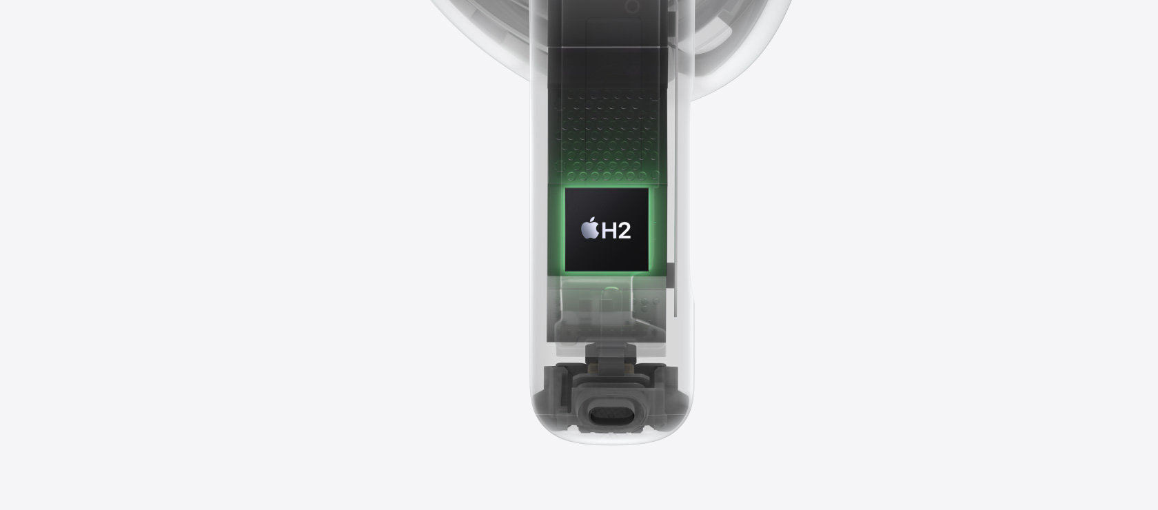 Arsitektur internal AirPods 5, chip H2 disorot di dalam gagang.