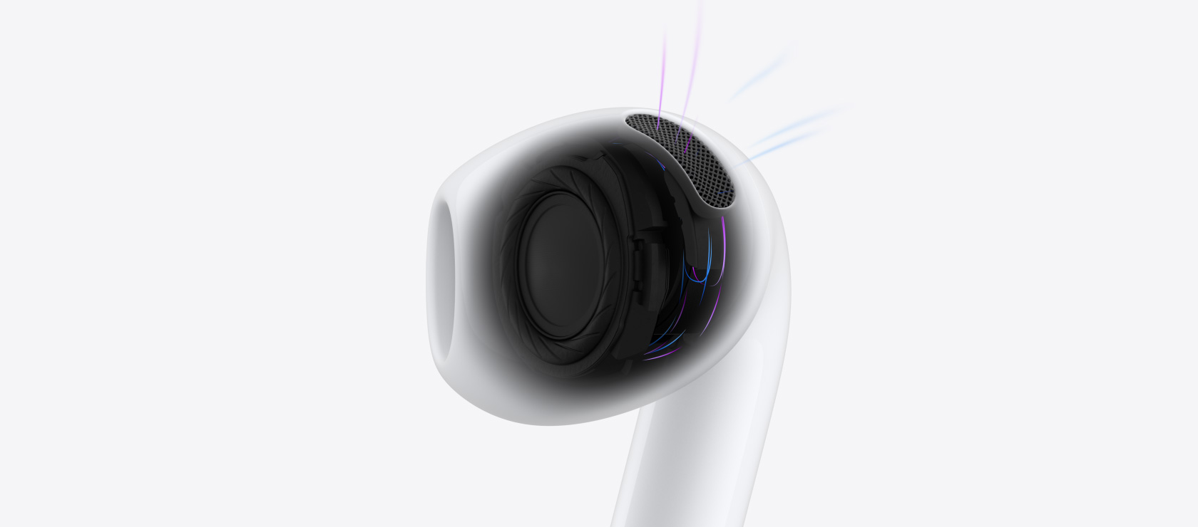 Arsitektur internal AirPods 5, dengan garis biru yang menunjukkan udara dan suara yang keluar dari earbud