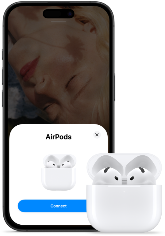 Ett öppet laddningsetui med AirPods 5 inuti, bredvid en iPhone som visar att AirPods 5 har anslutits.