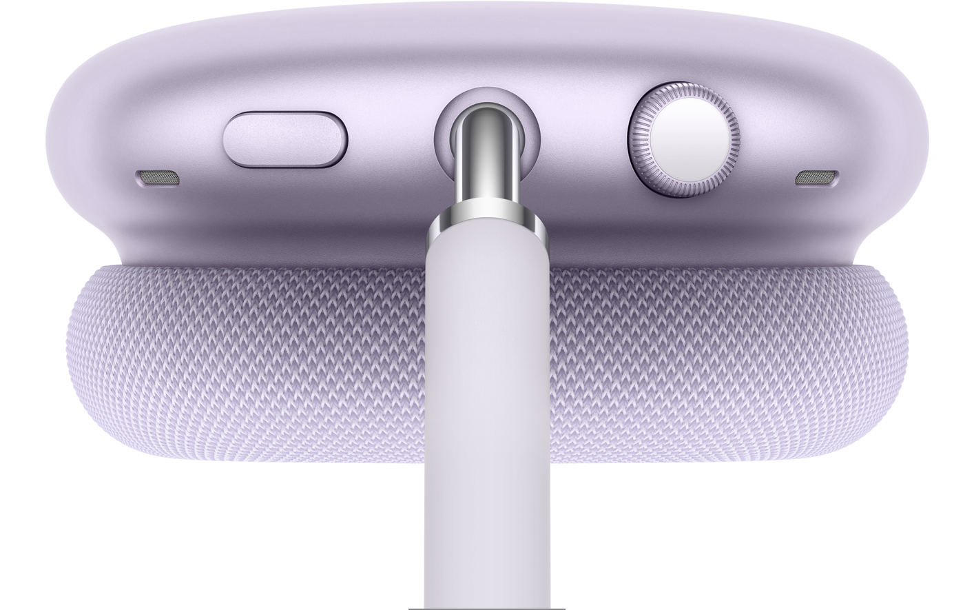 AirPods Max 2 headphones in purple color, top exterior, detail of noise control button and Transparency mode