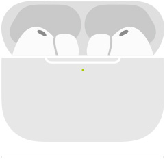 Schets van AirPods Pro 3 in een MagSafe-oplaadcase (USB-C), case met afgeronde hoeken, ledlampje voor het batterijniveau, case geopend, breedte in millimeters
