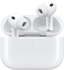 AirPods Pro 3 un MagSafe uzlādes kārbiņa (USB‑C), noapaļota kārbiņas ārpuse, LED uzlādes līmeņa indikators, kārbiņas vāciņš atvērts, balta krāsa, bezvadu austiņas ar silikona uzgalīšiem, uz austiņu kājiņām uzrakstīti burti L un R, animācija