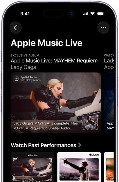 Apple Music Live ‑näyttö iPhonessa, jossa näkyvät Katso nyt ja aiemmat esitykset