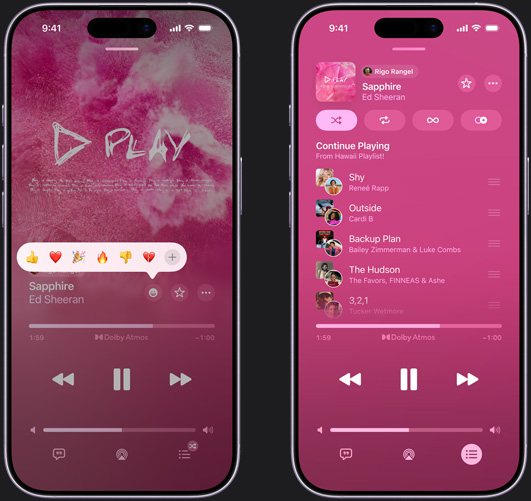 Vasemmalla olevassa iPhonessa näkyy Ed Sheeranin ”Sapphire”, jota toistetaan iPhone-näytöllä, ja emoji-reaktiokehotteessa näkyvät peukalo ylös-, sydän-, juhlinta- ja peukalo alas ‑reaktion tai jonkin muun reaktion lisäämisen vaihtoehdot. Oikealla olevassa iPhonessa Hawaii Playlist ‑niminen yhteissoittolista, jossa on useita muiden osallistujien lisäämiä kappaleita