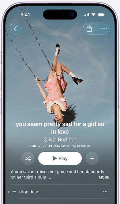 iPhonen näytöllä esillä Olivia Rodrigon albumi ”You seem pretty sad for a girl so in love” Apple Musicissa
