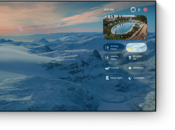 Home app Control Center on TV screen, mountain landscape wallpaper, live pool camera feed, scene buttons including Good Morning selected, Arriving Home, Movie Night, and Good Night