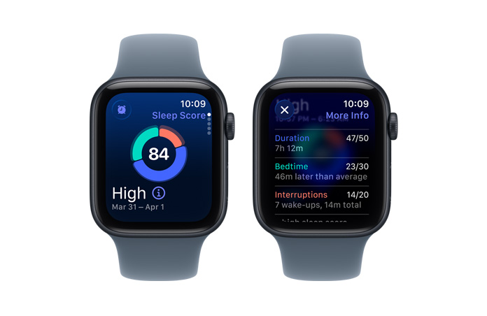 Apple Watch SE 3, sleep score, circle graph and score number, sleep stages analyzes awake, REM, core, and deep sleep stages