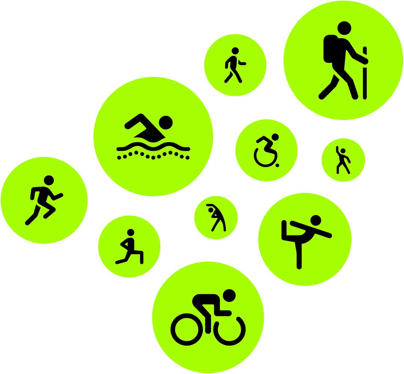 Iconos de Entreno: correr, andar, nadar, senderismo, bici, baile, estiramiento, yoga