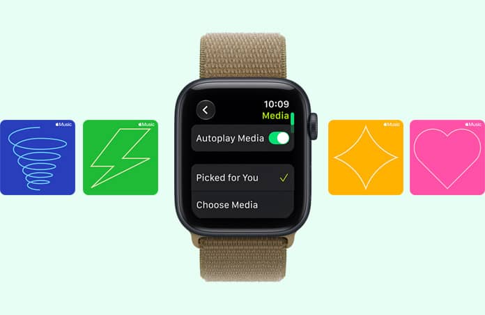 Apple Watch SE 3 z aluminiową kopertą w kolorze północy i opaską sportową w kolorze oliwki (ziemista zieleń). Na ekranie widać odtwarzacz multimediów. Na prawym boku urządzenia pokrętło Digital Crown. W tle karty graficzne Apple Music: ilustracja z zawijasami, błyskawicą, rombem i sercem