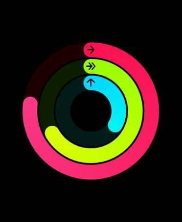 Ilustración de los anillos de Actividad: anillos rojo, verde lima, azul claro sobre una ruta circular en varias etapas del círculo completo