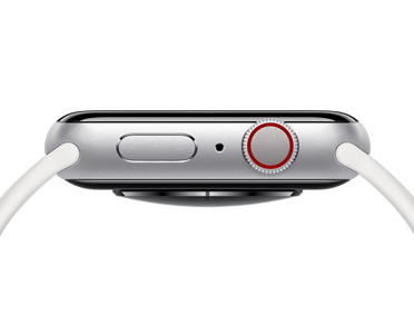 Apple Watch, color plata, lateral derecho, botón lateral, orificio del micrófono, Digital Crown