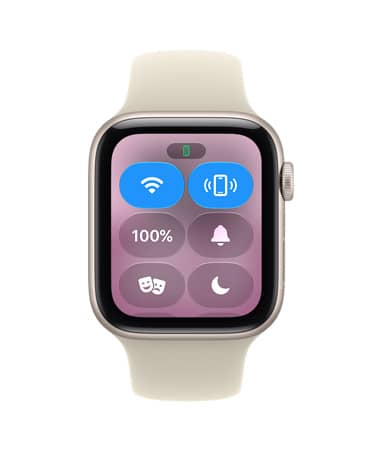 Apple Watch SE 3 z aluminiową kopertą w kolorze księżycowej poświaty i paskiem sportowym w kolorze mlecznego fioletu wyświetla ikonę Pinguj iPhone’a na ekranie Centrum sterowania. Na prawym boku urządzenia pokrętło Digital Crown