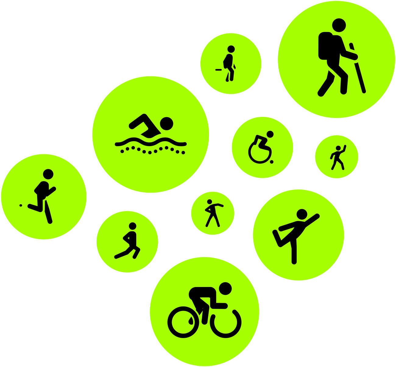 Workout icons: run, walk, swim, hike, cycle, dance, stretch, yoga
