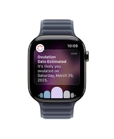 Apple Watch Series 11, natural colour, titanium case, ovulation date estimation notification from Cycle Tracking in Health app, Digital Crown, strap, Magnetic Link, navy colour