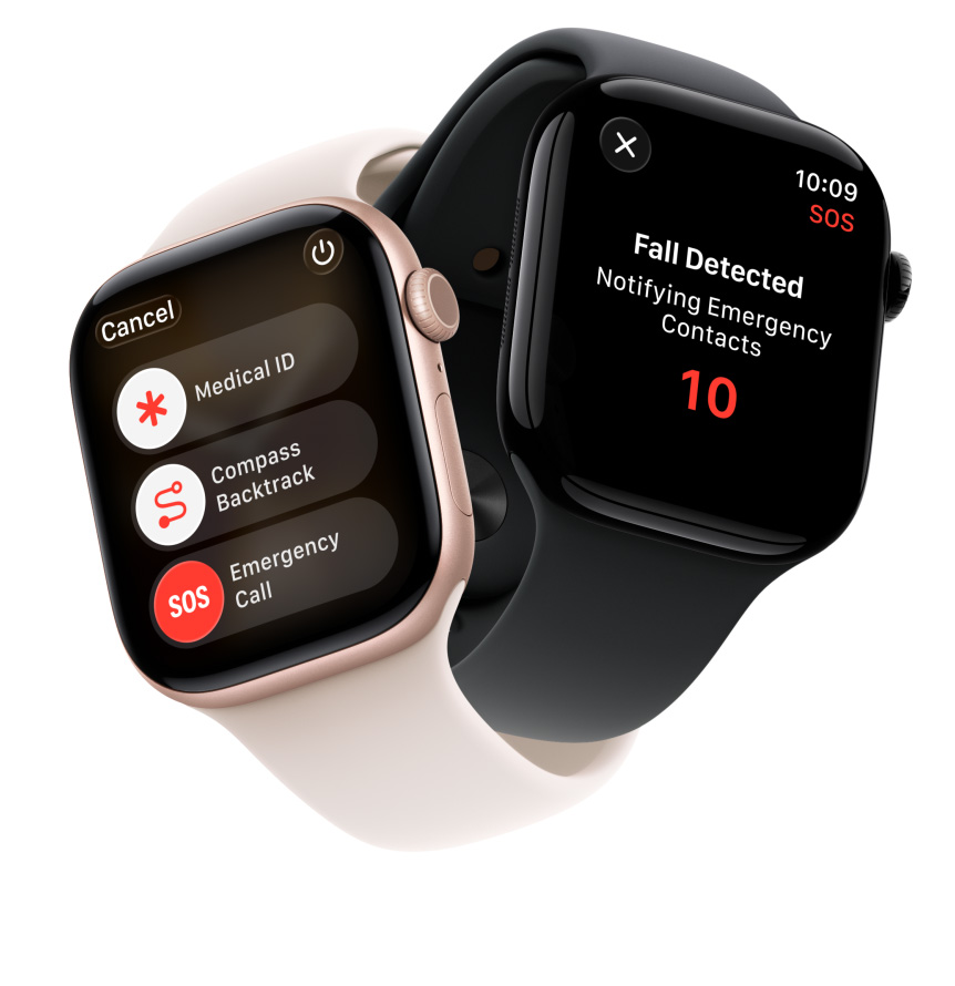 Apple Watch Series 11 devices, aluminum cases, rose gold and polished jet black colors, safety features onscreen: medical ID, compass backtrack, emergency call, Sport Bands, light blush and black colors