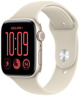 Apple Watch SE 3, Aluminiumgehäuse, Farbe Polarstern, Modular Zifferblatt, Komplikationen: Tag und Datum, Trainings, Aktivitätsringe, Temperatur, rechte Seitenansicht, Digital Crown, Seitentaste, Sportarmband, Farbe Sand