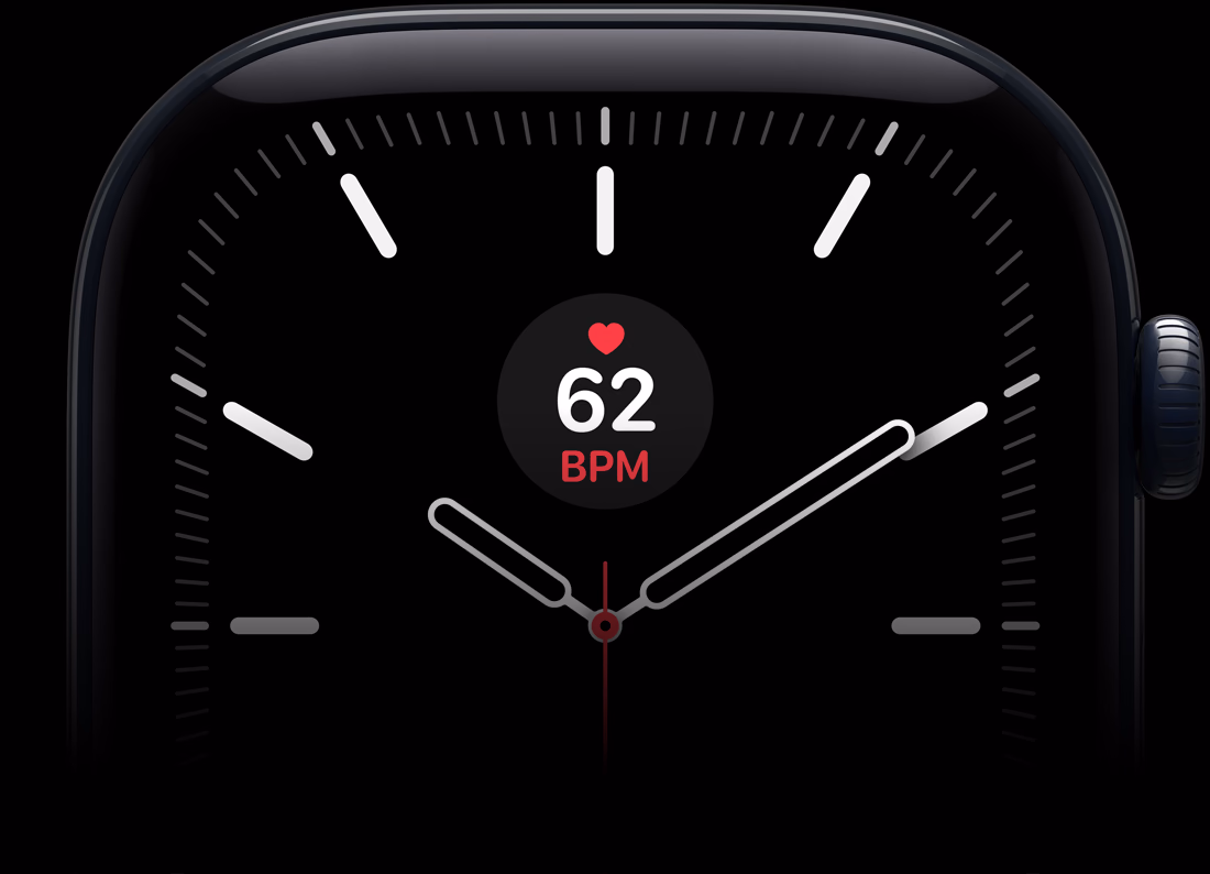 Apple Watch Series 12, aluminium case, black colour, Meridian watch face with heart rate complication, right side exterior, Digital Crown