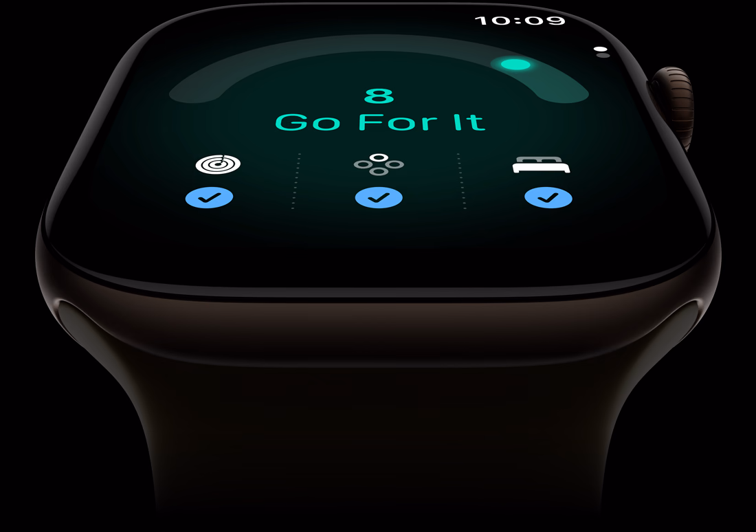 Apple&nbsp;Watch Series&nbsp;12, aluminium case, dark bronze colour, readiness score of 8, right side exterior, Digital Crown, Sport Band, olive colour