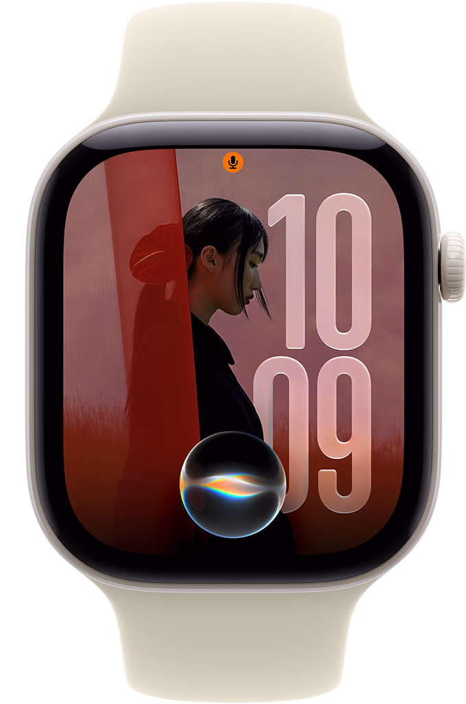 Apple&nbsp;Watch Series&nbsp;12, ceramic case, pearl white colour, Photos watch face with Siri icon, right side exterior, Digital Crown, Sport Band, sand colour