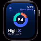 Apple Watch Series 12, Aluminiumgehäuse, Farbe Space Grau, Kreisdiagramm des Schlafindexes, rechte Seitenansicht, Digital Crown