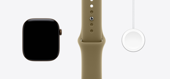 Apple Watch Series 12, hliníkové pouzdro, tmavě bronzová barva, pohled zepředu, displej od okraje k okraji, olivový sportovní řemínek, magnetická rychlonabíječka Apple Watch s USB‑C kabelem