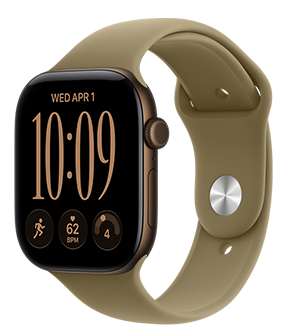 Apple Watch Series 12, kast van aluminium, kleur donkerbrons, wijzerplaat Modulair compact, wijzerplaatcomplicaties: dag en datum, Hardloopwork-out, hartslag, gereedheid, rechterkant, Digital Crown, zijknop, sportbandje, kleur olijfgroen