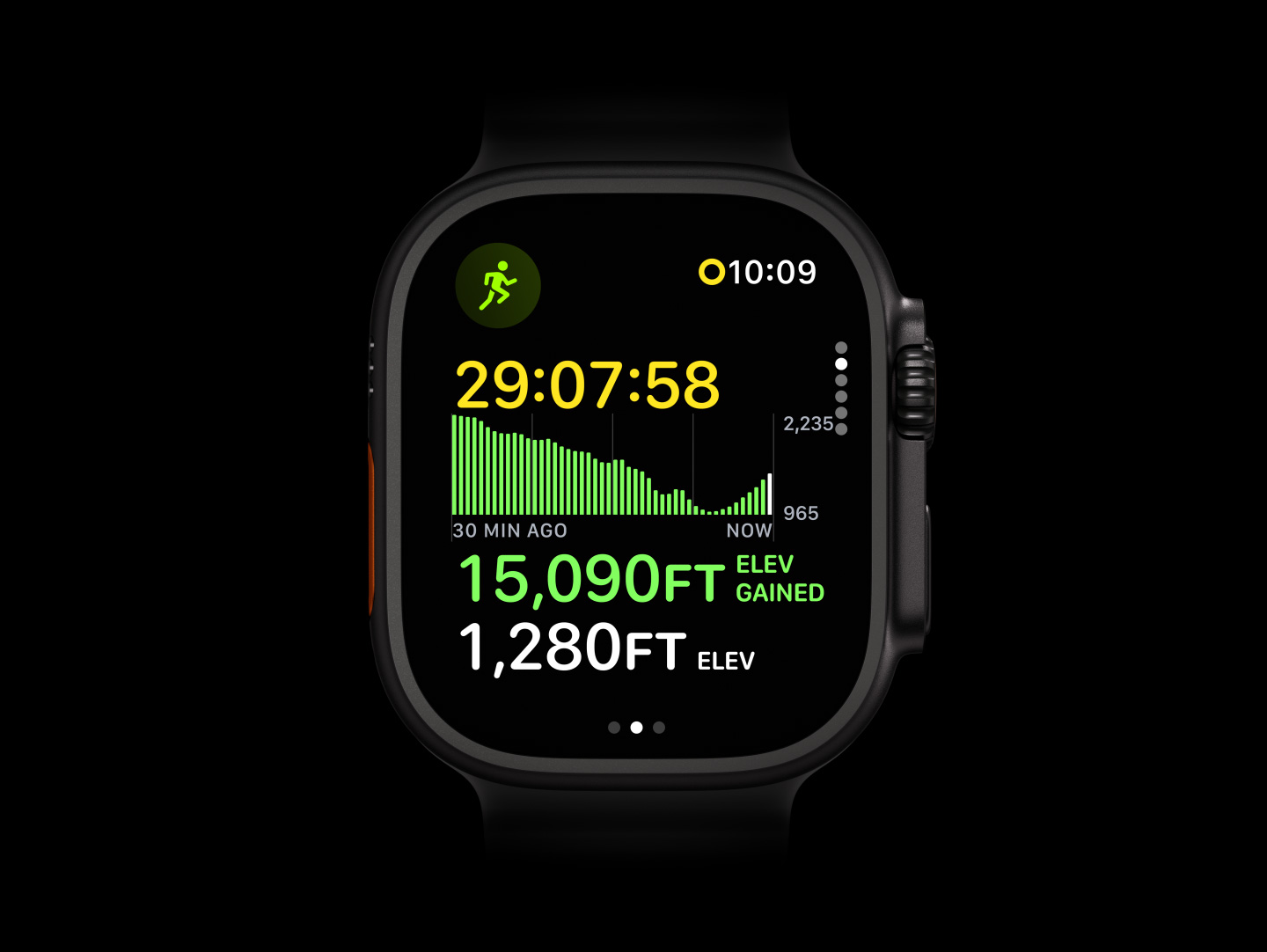 Apple Watch Ultra 4, kast van titanium, kleur zwart, work-out Buiten Hardlopen met een grafiek van het hoogteverschil, rechterkant, Digital Crown, verhoogde zijknop, doorschijnend grijs Ocean-bandje